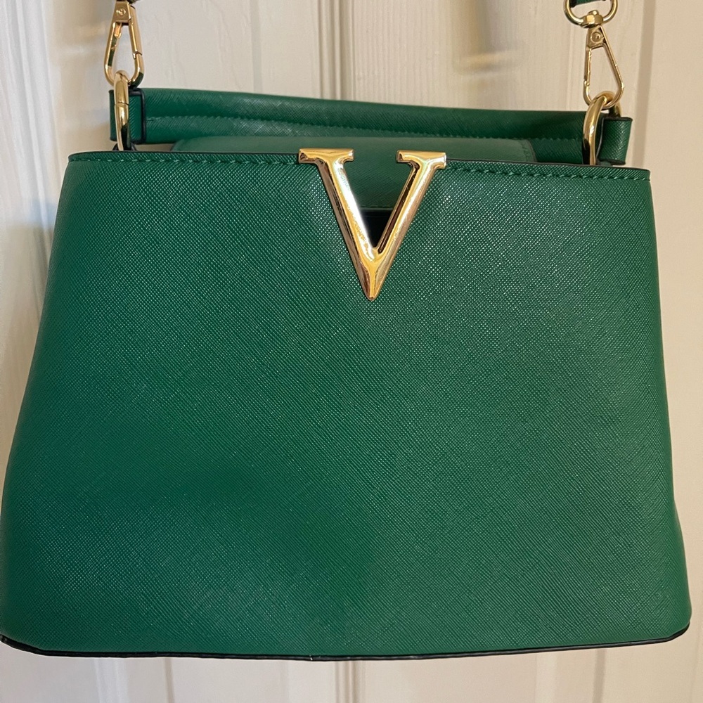 Green Designer Handbag with Gold Accent